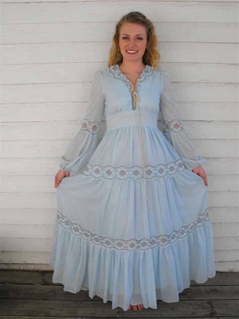 Vintage Gunne Sax 70s Blue Corset Prairie Dress 11 S Boho Lace Etsy