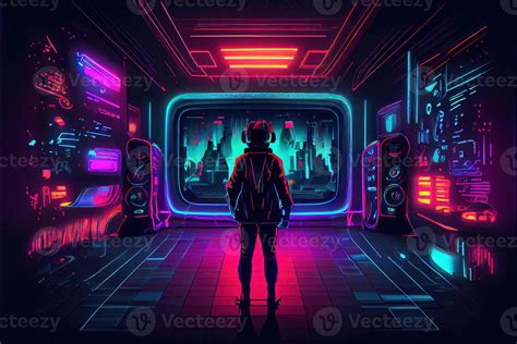 illustration of gaming background, abstract cyberpunk style of gamer wallpaper, neon glow light ...