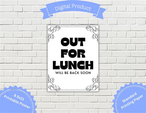 Printable Sign Out for Lunch Will Be Back Soon, Business Sign, Simple