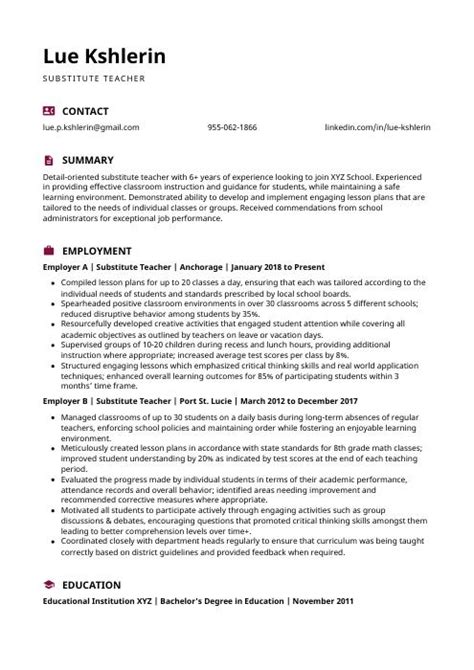 Substitute Teacher Resume Cv Example And Writing Guide