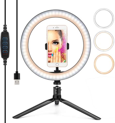 10 Inch Selife Ring Light - LED Desktop Ring Light with Tripod and Phone Holder, Dimmable Make ...