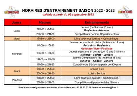 USOTT Orléans Horaires d entraînement