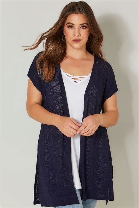 Navy Textured Cardigan With Grown On Short Sleeves Plus Size 16 To 36