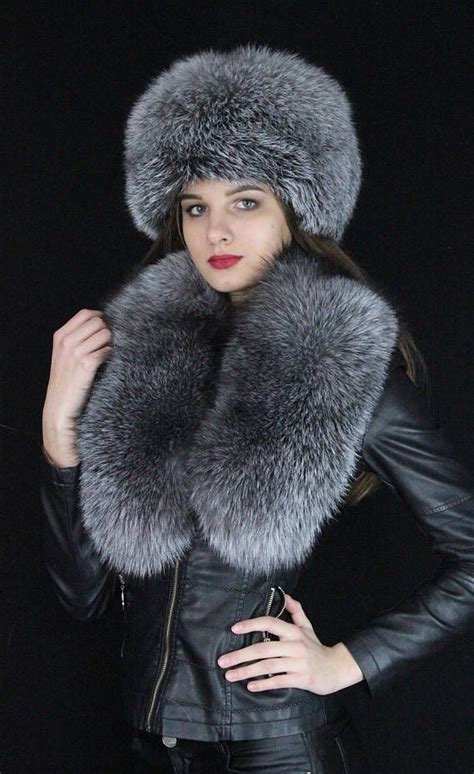 Blue Frost Fox Fur Hat And Collar Setnatural Blue Frost Fur Fur Fox