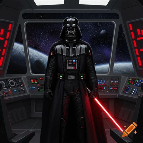 darth vader stands   spaceship cockpit   red lightsaber