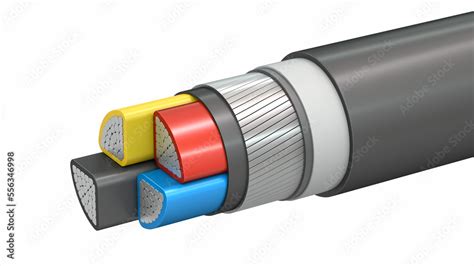 Structure of an aluminum electrical wire. Power cable with four conductors cut off to clearly ...