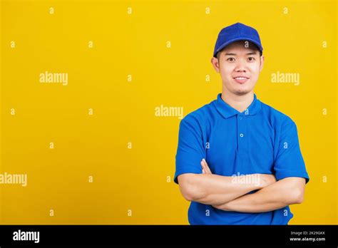 Delivery Happy Man Standing He Smile Wearing Blue T Shirt And Cap