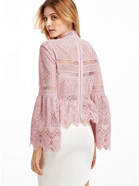 Hollow Out Crochet Bell Sleeve Peplum Blouse Shein Sheinside