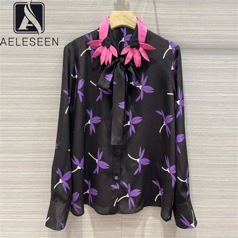 Aeleseen Women Vintage Silk Blouse Spring Runway Fashion D