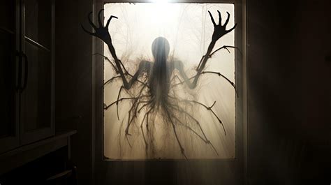 Terrifying creature behind a dirty glass with long claws. silhouette ...