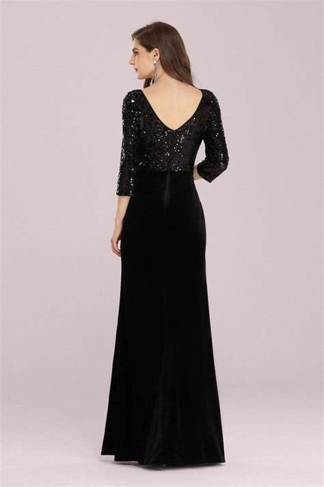 Formal Long Black Evening Velvet Dress With Sequined Sleeves