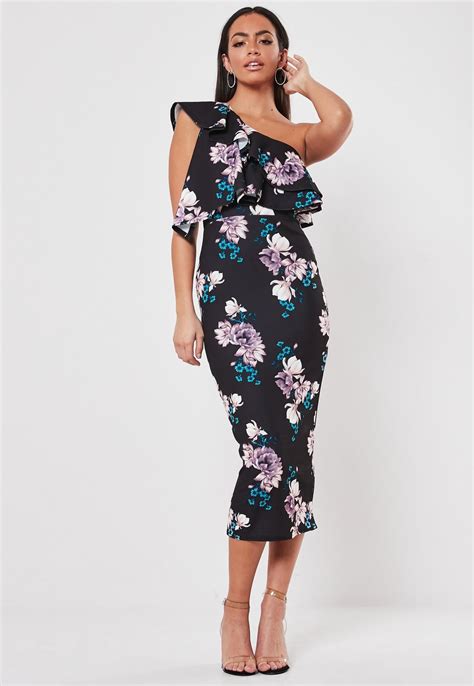 Black Floral One Shoulder Ruffle Midi Dress Missguided Floral Dress