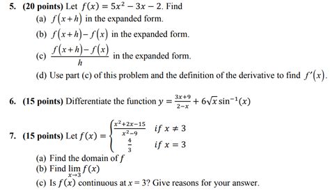 Solved 20 Points Let F X 5x2−3x−2 Find A F X H In The