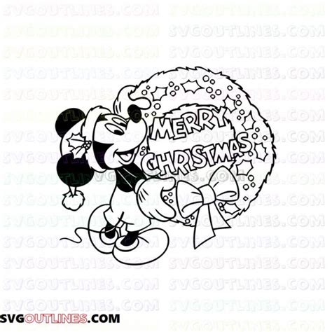 Mickey Mouse Christmas Holding Wreath Outline Svg Dxf Eps Pdf Png