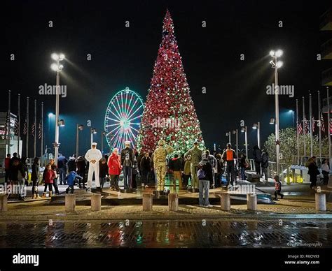 National Harbor Christmas tree with Ferris wheel in background Stock ...