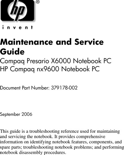 Hp Compaq Presario X6000 Notebook Pc Nx9600 379178 002 Users Manual Maintenance And Service Guide