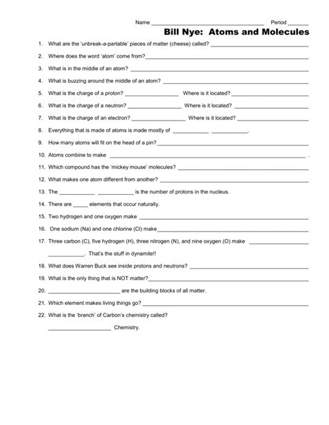 Bill Nye Chemical Reactions Worksheet