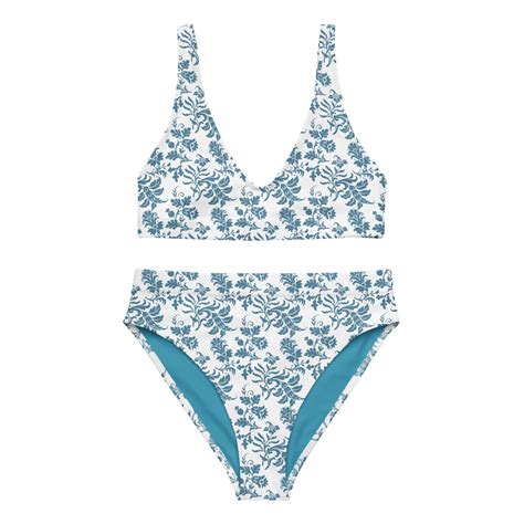 Floral Print High Waisted Two Piece Bikini Set White Teal Womens Minimal Swimwear UV Sun