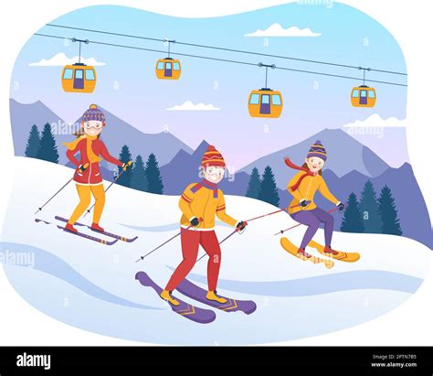 Ski Illustration With Skiers Sliding Near Mountain Going Downhill In