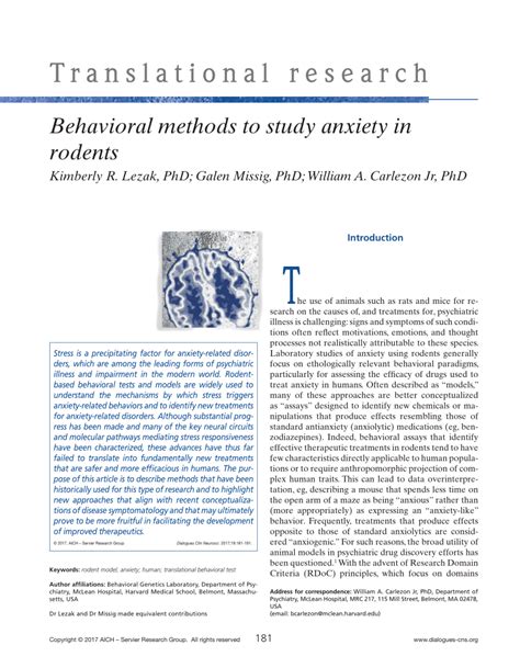 Pdf Behavioral Methods To Study Anxiety In Rodents