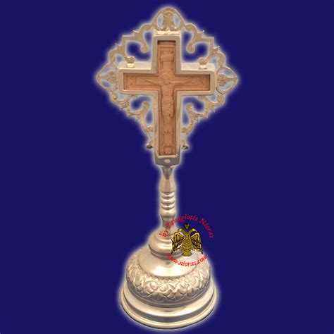 Silver Metal Orthodox Blessing Cross With Wooden Hand Carved Christ