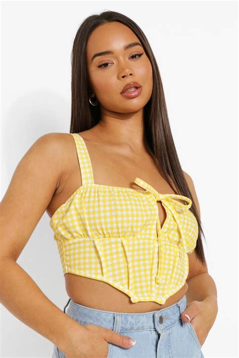 Womens Yellow Gingham Corset Style Crop Top Boohoo Uk