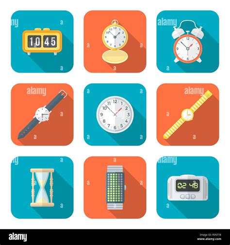 Vector Color Flat Design Various Types Watches Clocks Icons Set Long