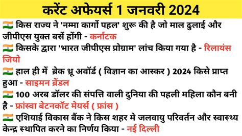 Current Affairs 1 January 2024 करेंट अफेयर्स 1 जनवरी Gk Skill