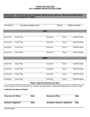 Fillable Online Tusculum TUSCULUM COLLEGE 2011 SUMMER REGISTRATION FORM