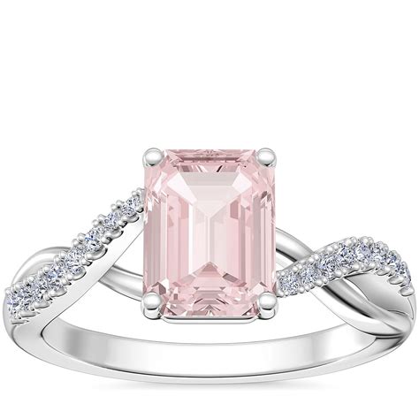 Classic Petite Twist Diamond Engagement Ring With Emerald Cut Morganite