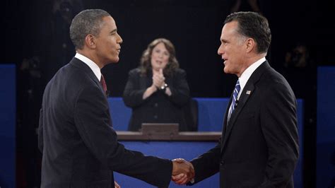 President Obama And Republican Nominee Mitt Romney Shake Hands Before