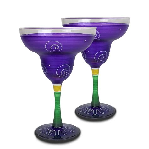 Crafted Creations Set Of 2 Purple And Yellow Hand Painted Margarita Drinking Glasses 12 Oz