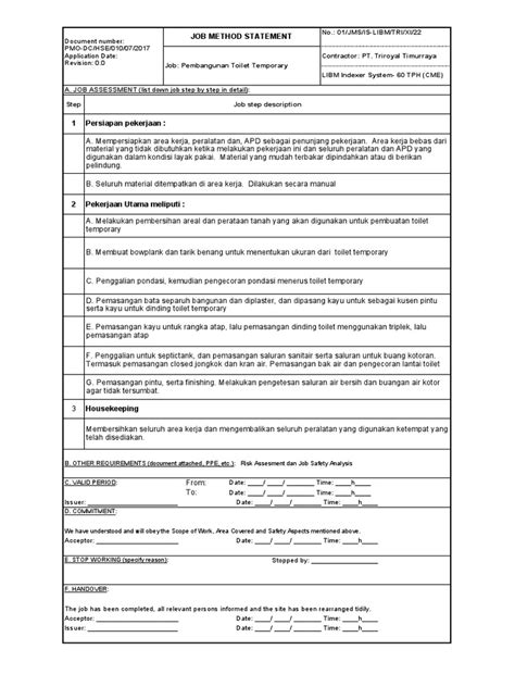 Job Method Statement Pembangunan Tempoary Toilet Pdf