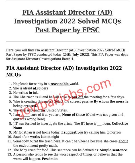 Today FPSC Assistant Director FIA Solved Paper Test Date 22 7 2022