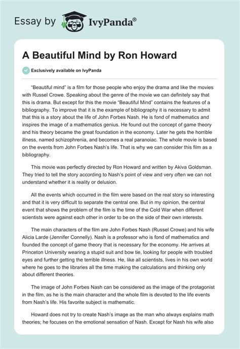 A Beautiful Mind by Ron Howard - 697 Words | Critical Writing Example