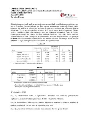 2 Caderno de exercícios nº1 Econometria I Ualg Studocu