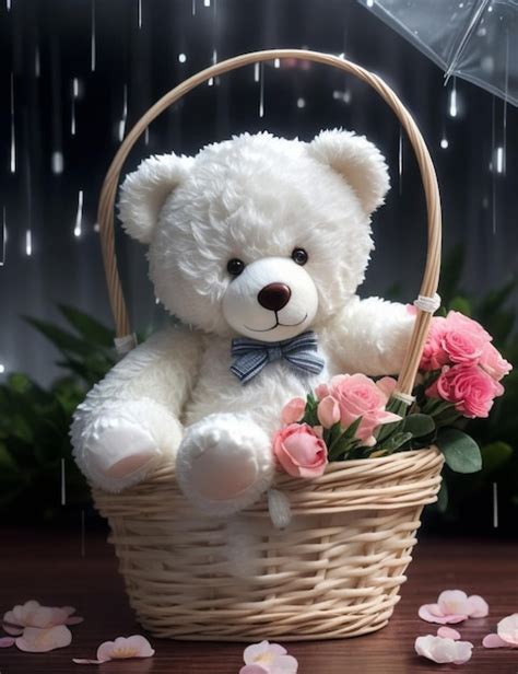 Hay Un Osito De Peluche Sentado En Una Canasta Con Flores Foto Premium