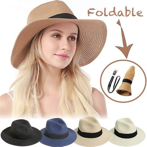 Womens Straw Hat Wide Brim Floppy Beach Cap Adjustable Panama Sun Hat