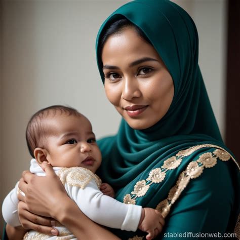 Indonesian Muslim Woman With Baby Stable Diffusion Online