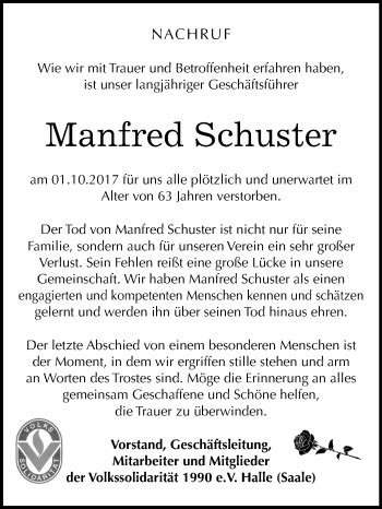 Traueranzeigen Von Manfred Schuster Abschied Nehmen De