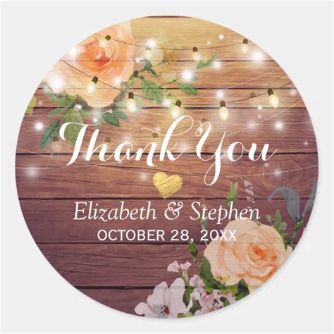 Rustic Wood Floral String Lights Wedding Thank You Classic Round