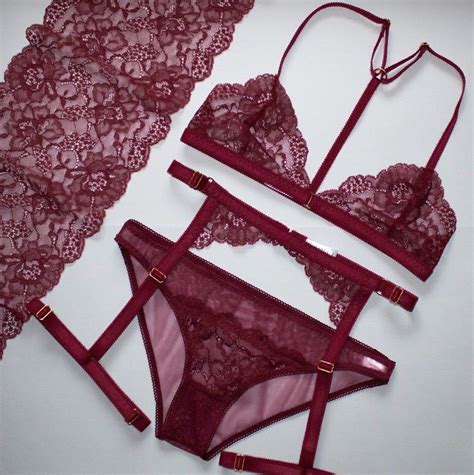 Floral Wine Lingerie Set Handmade Lingerie Cute Underwear Set Full Lingerie Set Garter Belt
