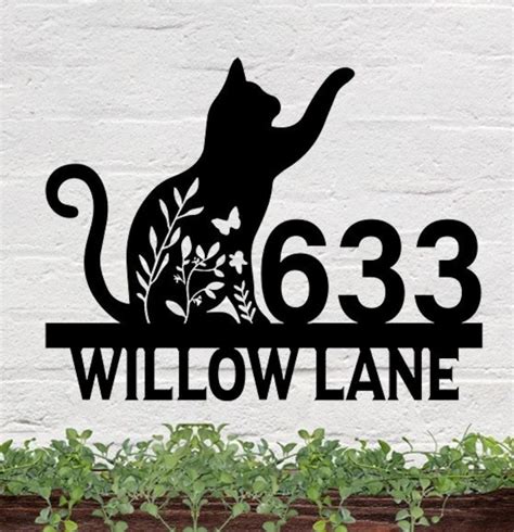 DINOZOZO Cute Floral Cat V1 Address Sign House Number Plaque Custom