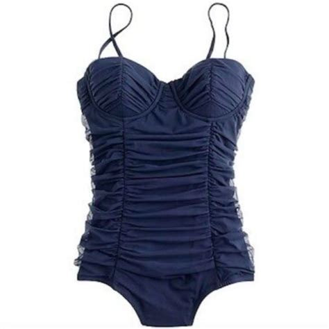 J Crew Swim Jcrew Tulle Underwire Navy Ruched Onepiece Swimsuit