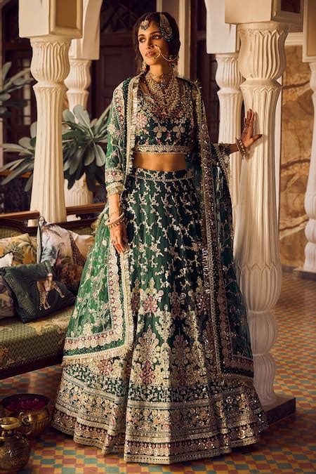 Buy Green Net With Santoon Inner Embroidery Zari Flower Bouquet Bridal