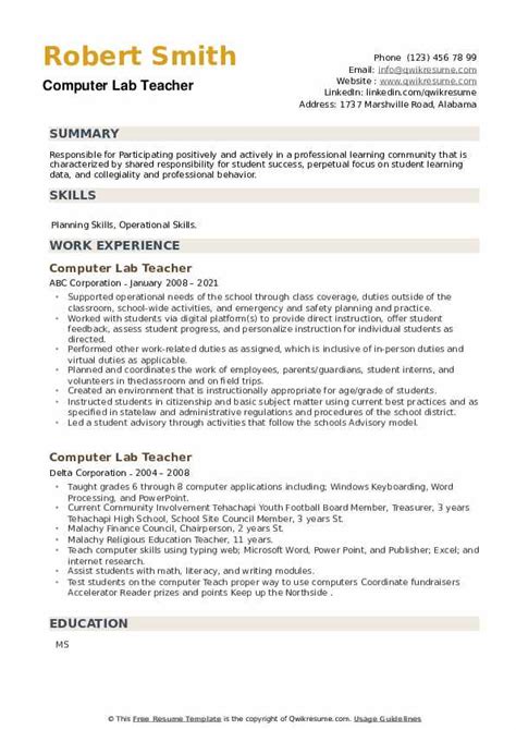 Computer Lab Teacher Resume Samples Qwikresume