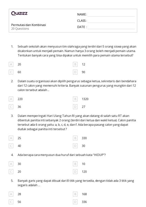 50 Lembar Kerja Permutasi Dan Kombinasi Untuk Kelas 12 Di Quizizz