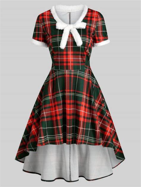 Plaid Faux Fur Insert Bowknot High Low Dress Casual Dresses For Women