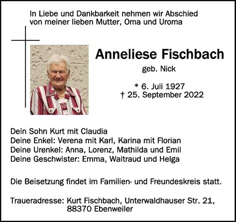 Traueranzeigen Von Anneliese Fischbach Schwaebische De Trauerportal