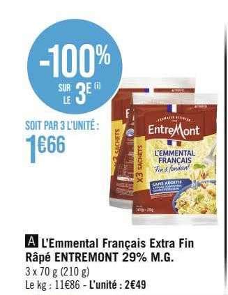 Promo L emmental Français Extra Fin Râpé Entremont 29 M g chez Géant